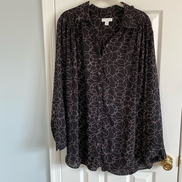 Charter Club Button Down Blouse Size 2X Black Multicolored Geo Circle Print - Picture 1 of 7